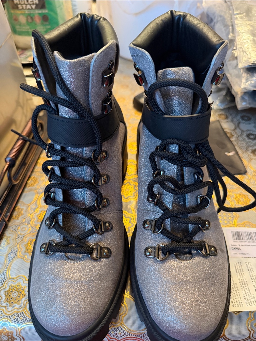 Moncler Silver Metallic Lace-Up Hiking Boots